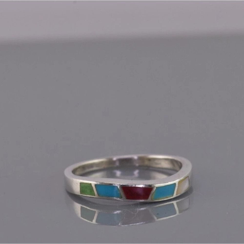 Elegant Multicolor Inlay Najavo Designer Silver Band Ring
